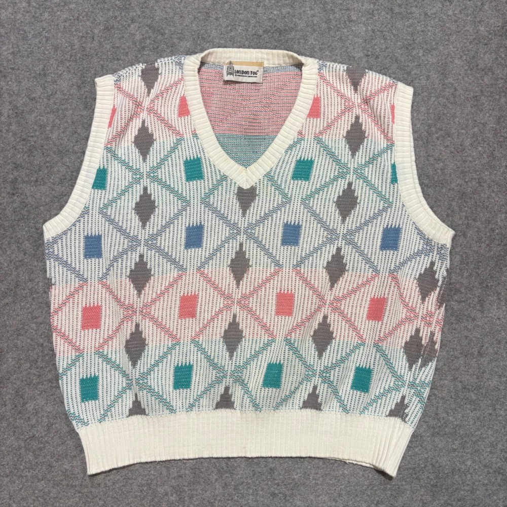 London Fog Vintage Argyle Sweater Vest White Pink Teal V-Neck Knit Mens Large